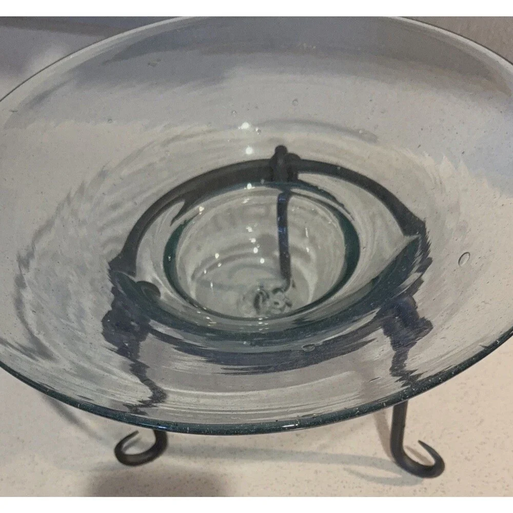 Hand Blown Thick Transparent Funnel Glass Wrought Iron 3 Leg Stand